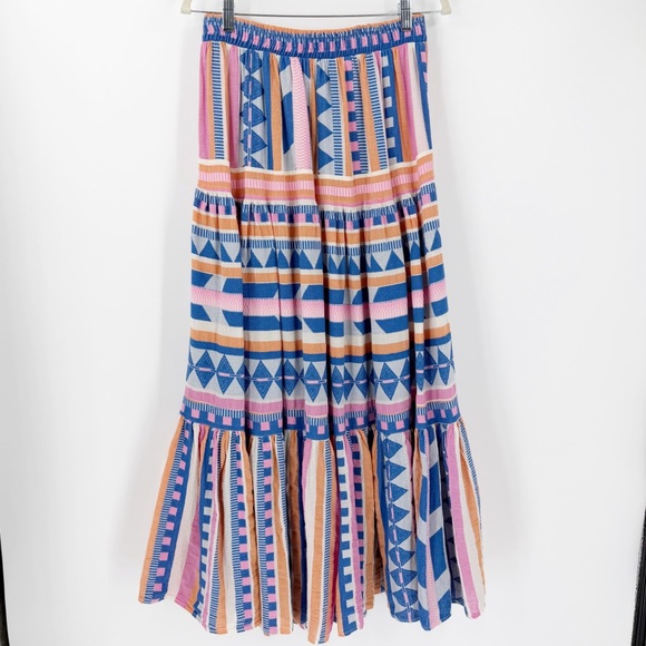 Devotion Twins Psarou Maxi Skirt S Tiered Cotton Boho Blue Orange Pink Cotton